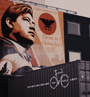 Mural of a man on shipping container